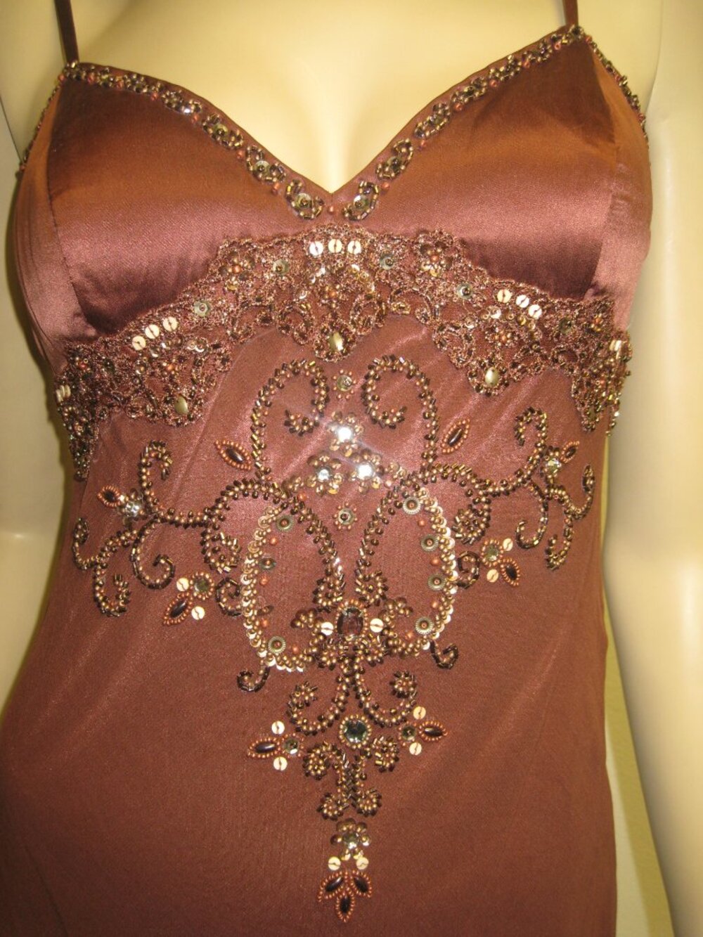 Sue Wong Dress Y2K Sexy Beaded 48 Cocktail Brown Chocolate Midi SILK Copper New - Picture 5 of 16